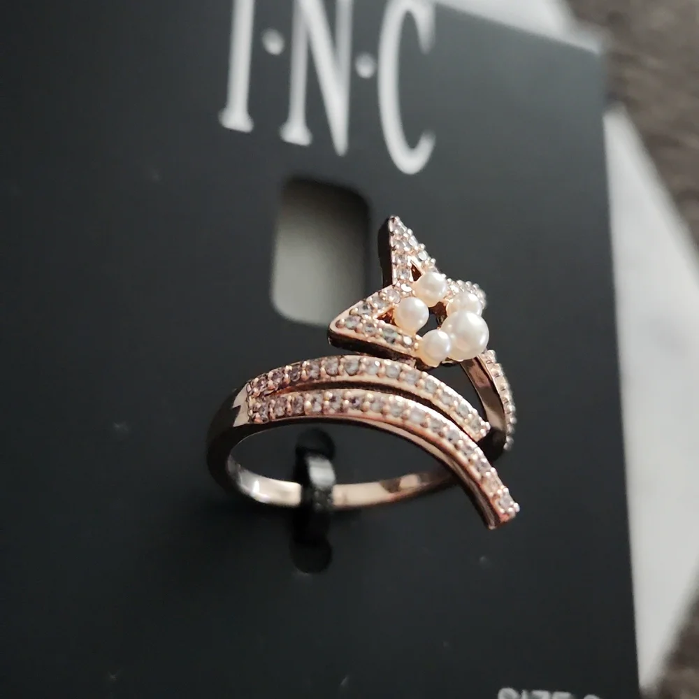 INC Rose Gold-Tone Pave & Imitation Pearl Shooting Star Open Ring